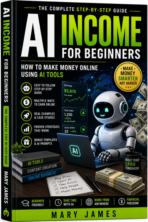 Book cover of 'AI Income for Beginners' by Mary James with a robot and money graphics.